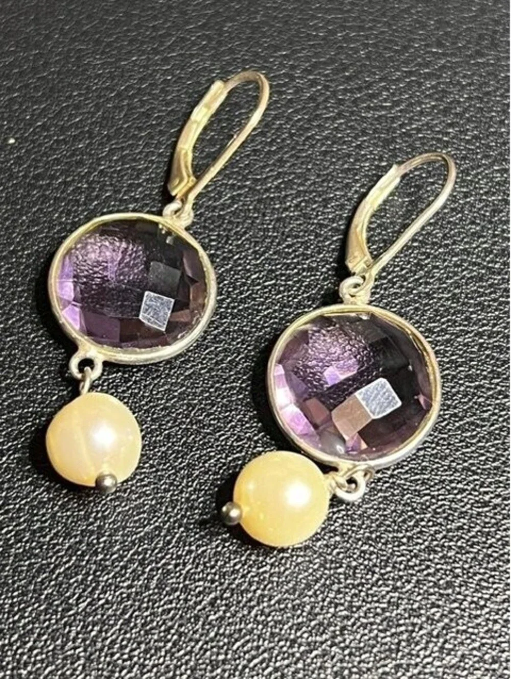 B6639 Sterling Silver Amethyst Pearl Dangle Drop Earrings Faceted Round 2